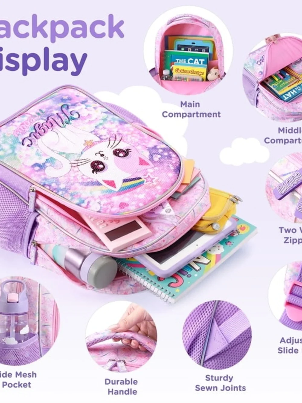 Pink and Purple 3-in-1 Cat School Backpack Set for Girls WE5